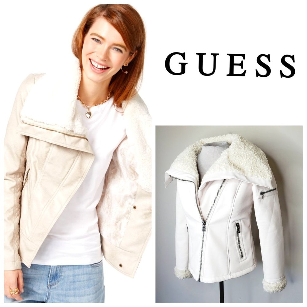 Guess Cream Leather Jacket with Shearling Collar